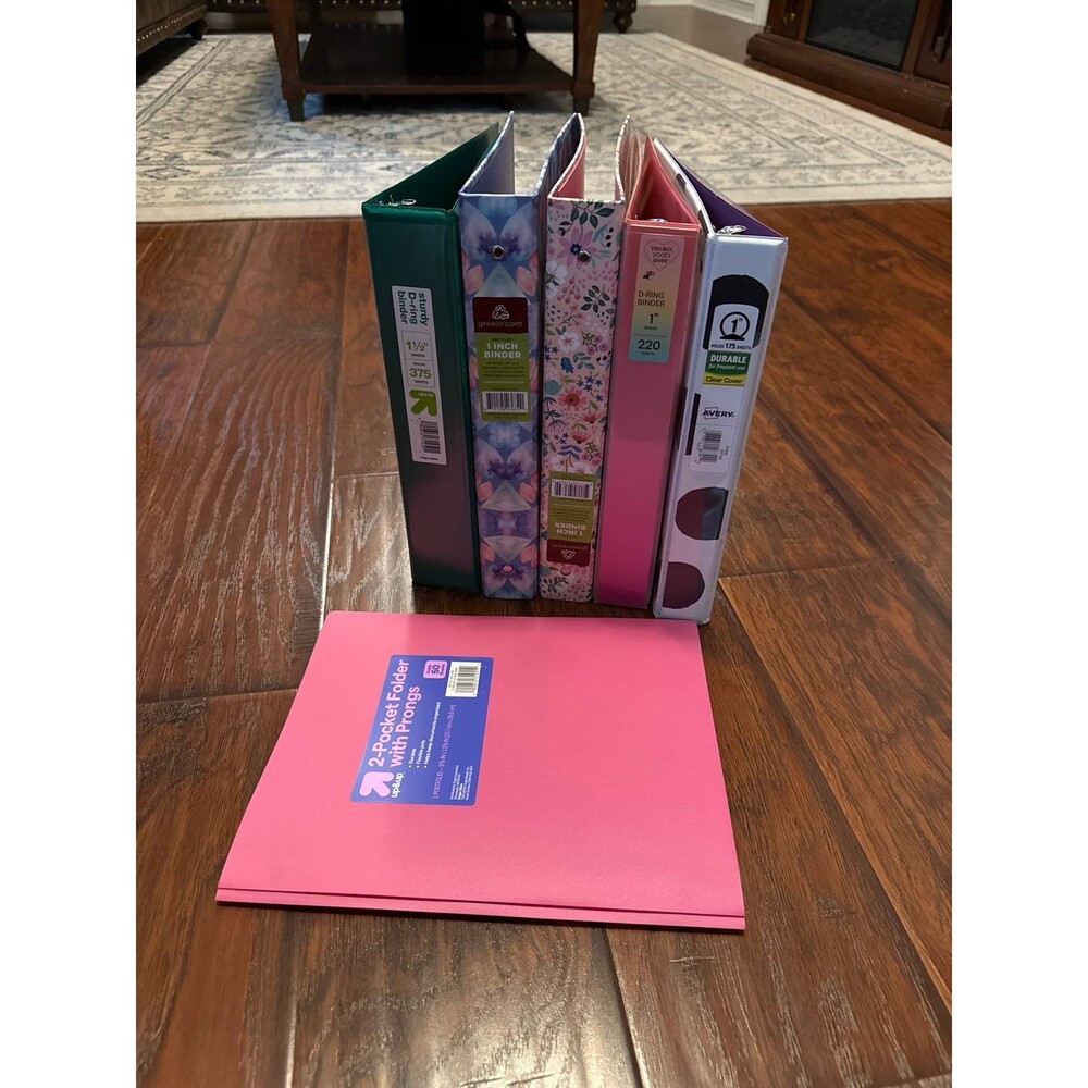6 Piece Binder & Folder Bundle – 5 Three-Ring Binders + Pink Folder w/ Prongs